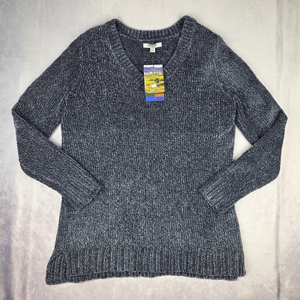 Orvis Womens Large Chenille Pullover Sweater‎ Blue Relaxed Fit Ribbed Cuff New